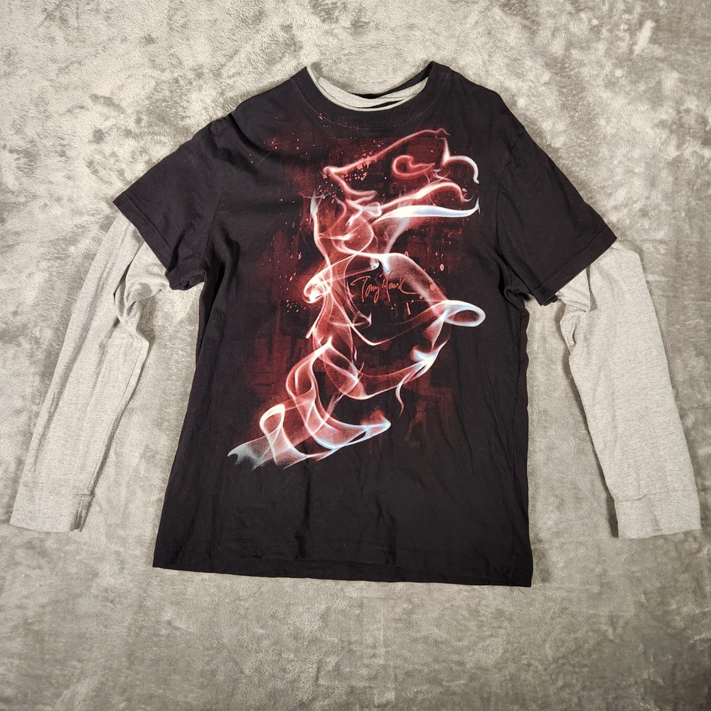 Tony Hawk Graphic Tee Mens XXL Black Excellent Layered Long Sleeve Smoke 90722
